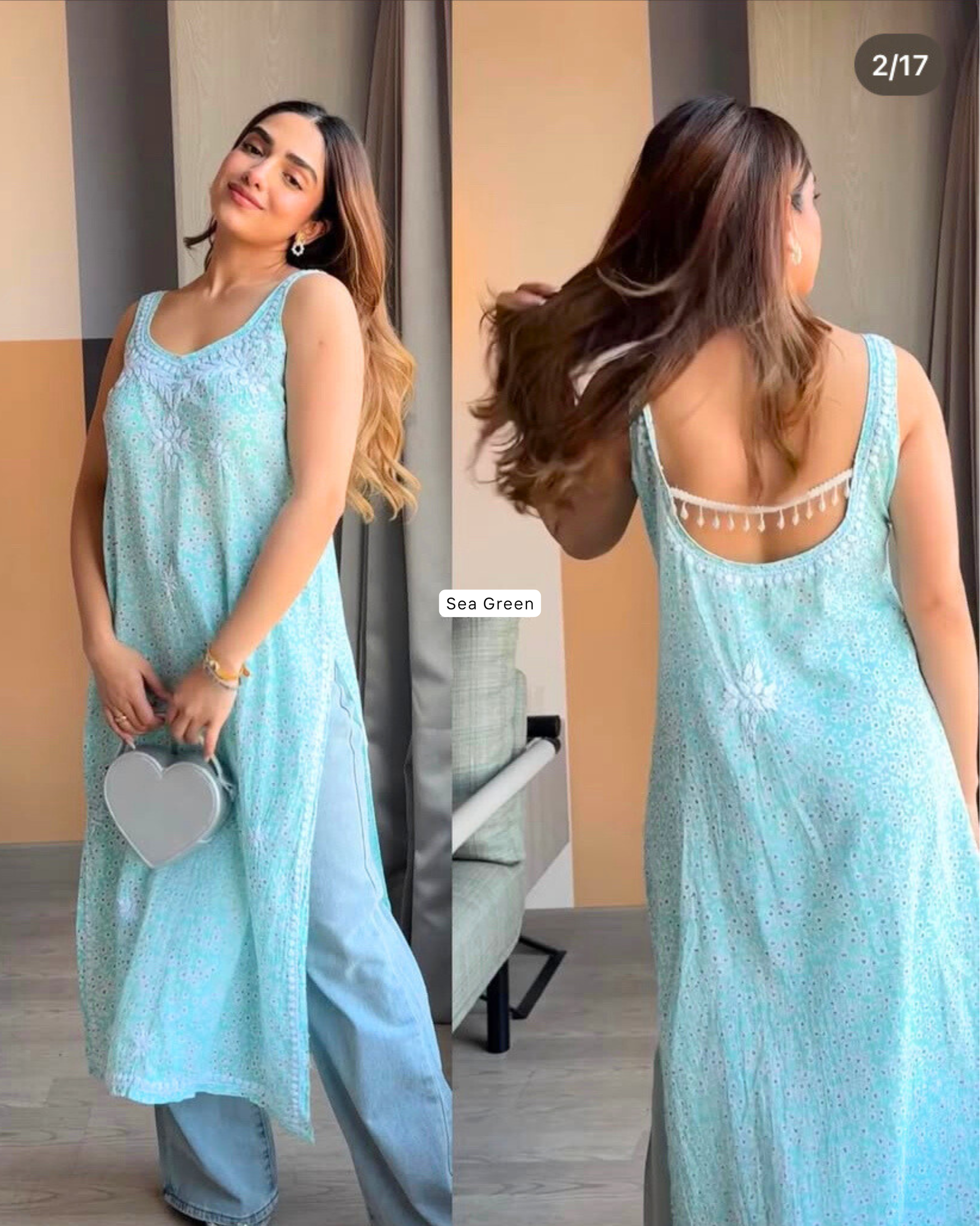 Sea Green Ishani Mul Mul Chikankari Kurta in white – hand-embroidered sleeveless deep back design