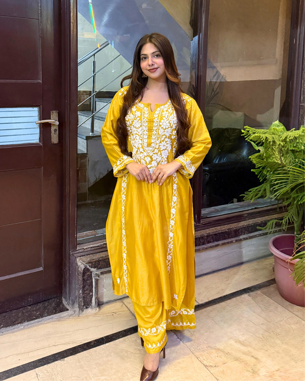 Front view of ALIA Chanderi silk chikankari kurta set for women with hand embroidery.