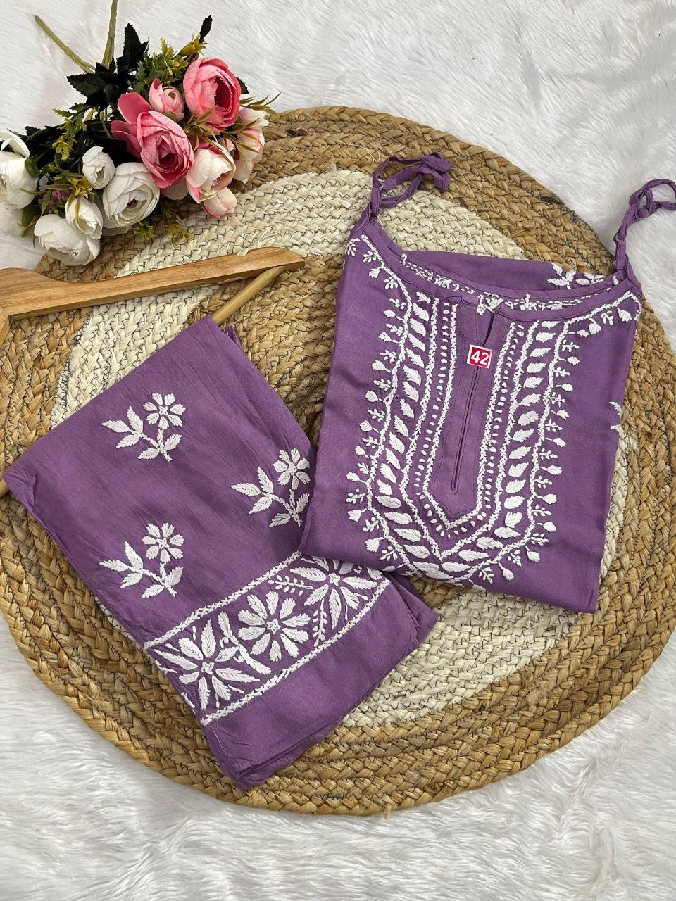 "LEENA" Modal Strap Sleeve Chikankari Set