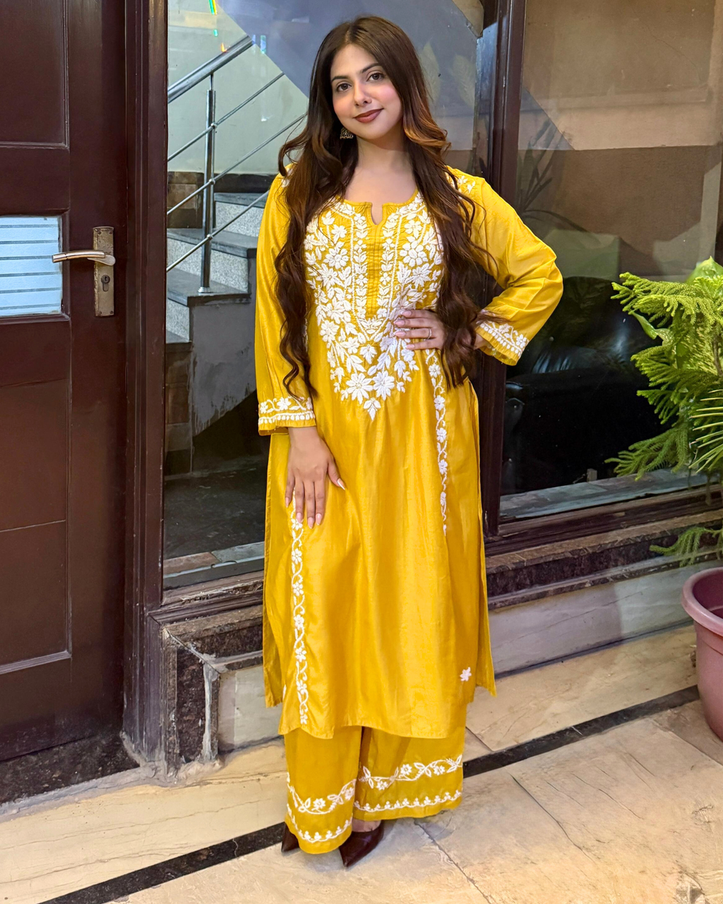 Front view of Yellow ALIA Chanderi silk chikankari kurta set for women with hand embroidery.