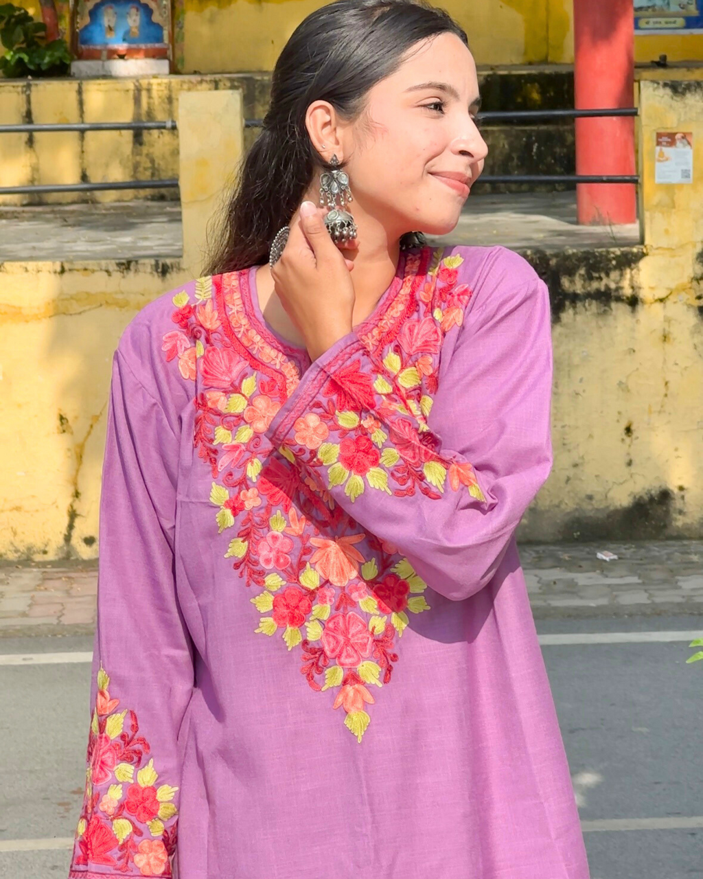 Detailed view of Aari embroidery on Anvi Cotton Co-Ord Set neckline and sleeves.