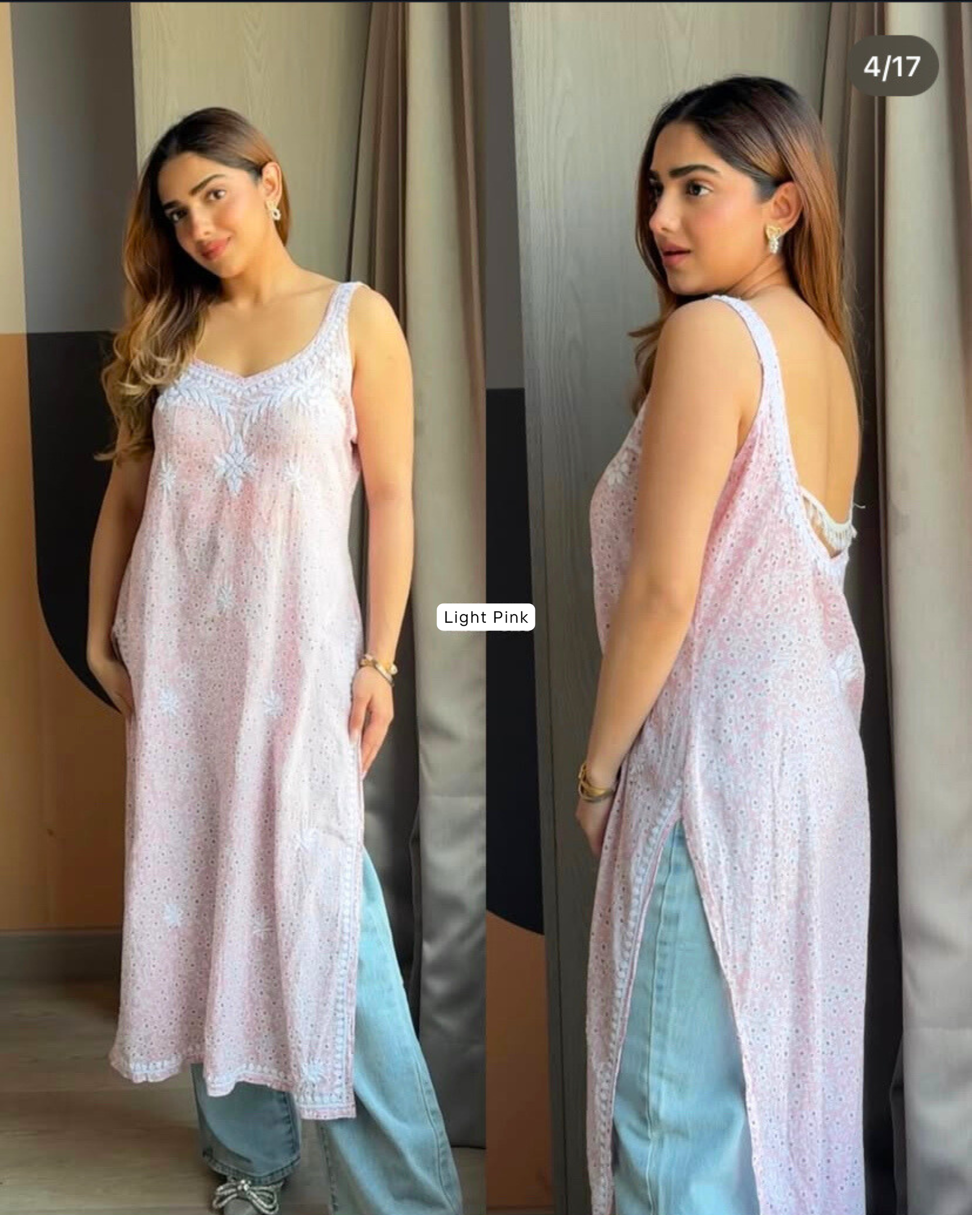 Light Pink Ishani Mul Mul Chikankari Kurta in white – hand-embroidered sleeveless deep back design