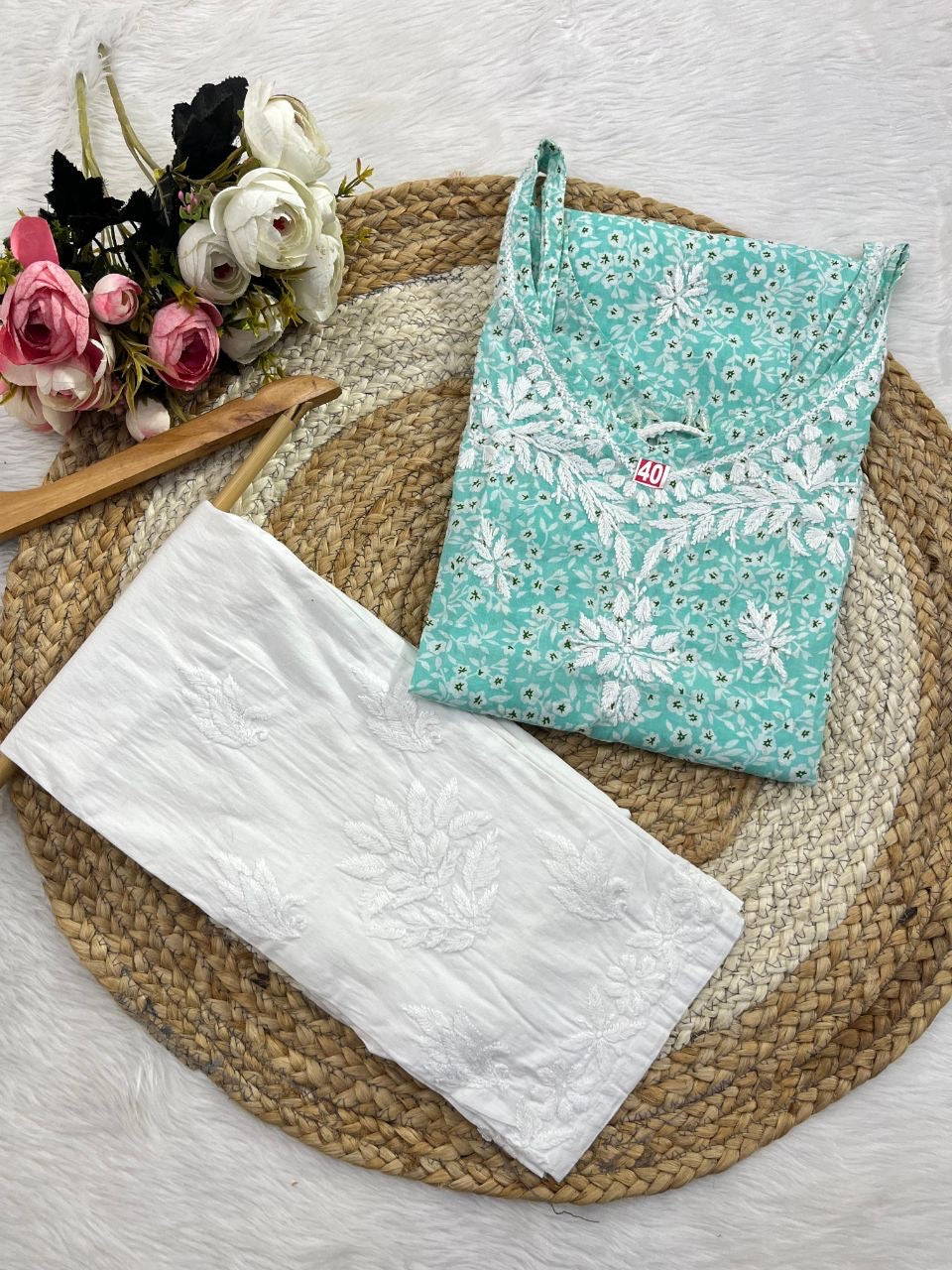 Close-up of Chikankari embroidery on mul mul fabric of  Sea Green Ishani  Mul Mul Chikankari kurta