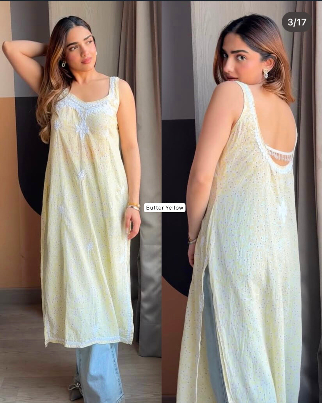 Butter Yellow Ishani Mul Mul Chikankari Kurta in white – hand-embroidered sleeveless deep back design