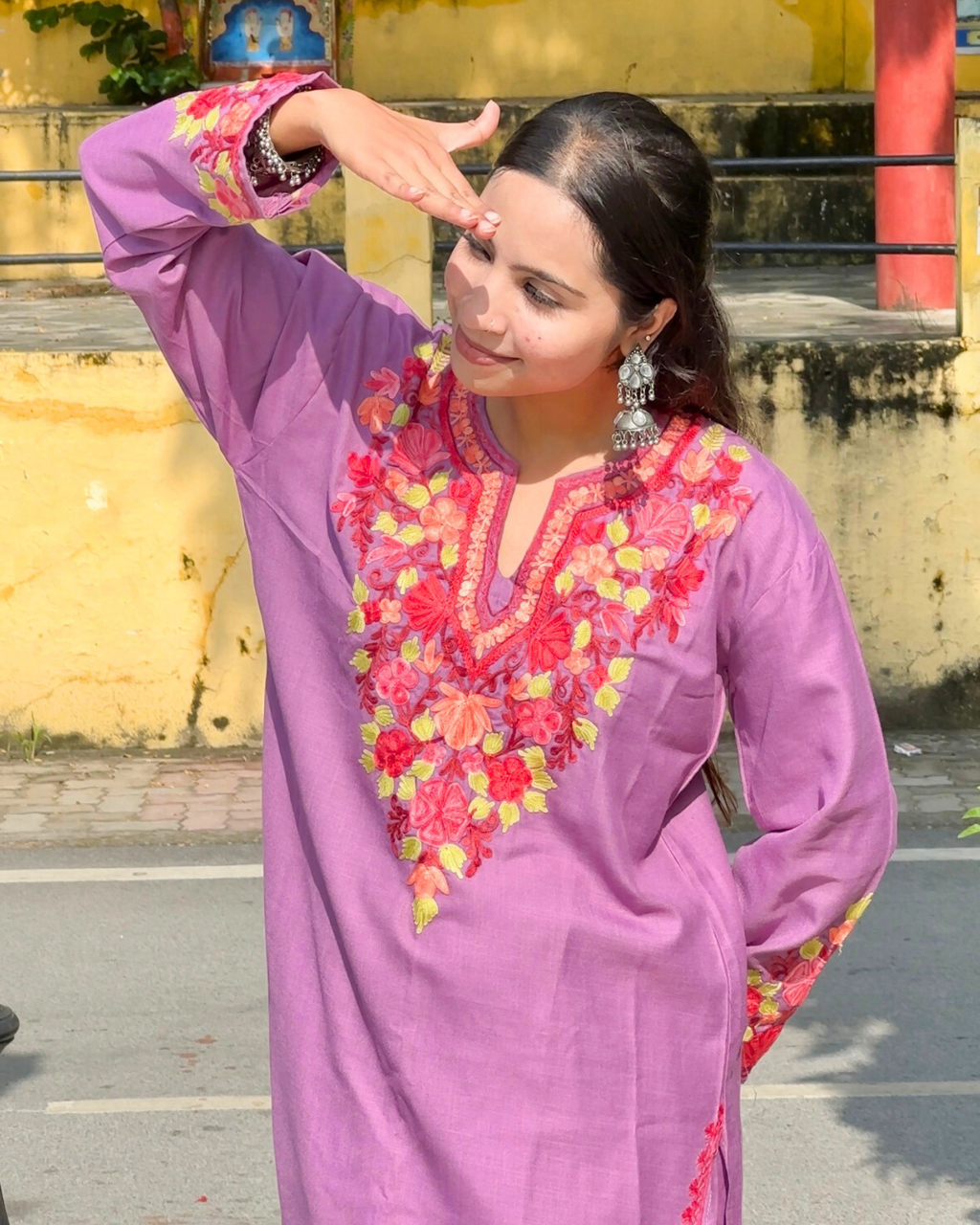 Detailed view of Aari embroidery on Anvi Cotton Co-Ord Set neckline and sleeves.