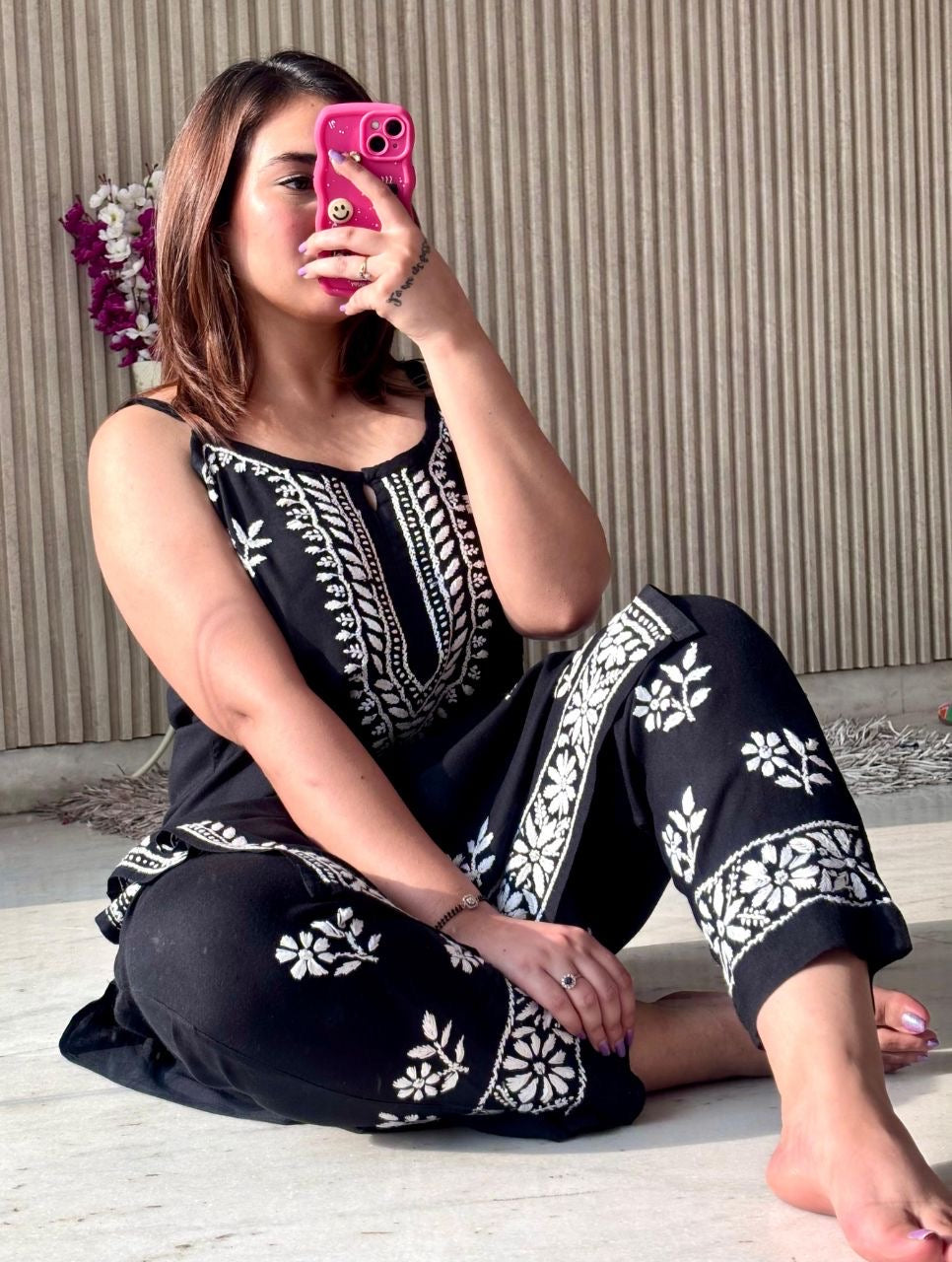 "LEENA" Modal Strap Sleeve Chikankari Set