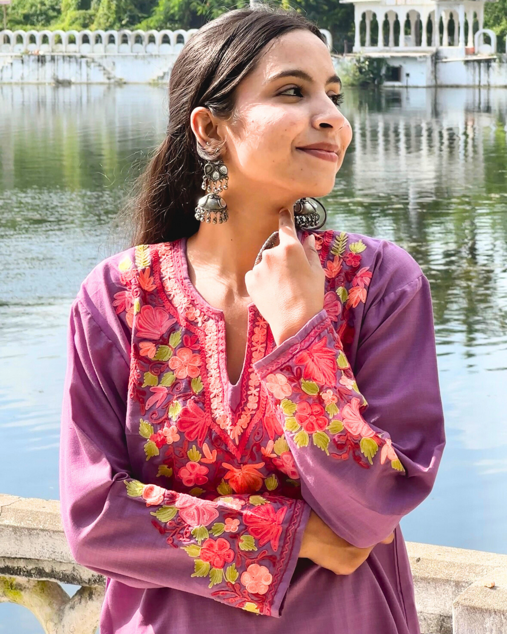 Detailed view of Aari embroidery on Anvi Cotton Co-Ord Set neckline and sleeves.