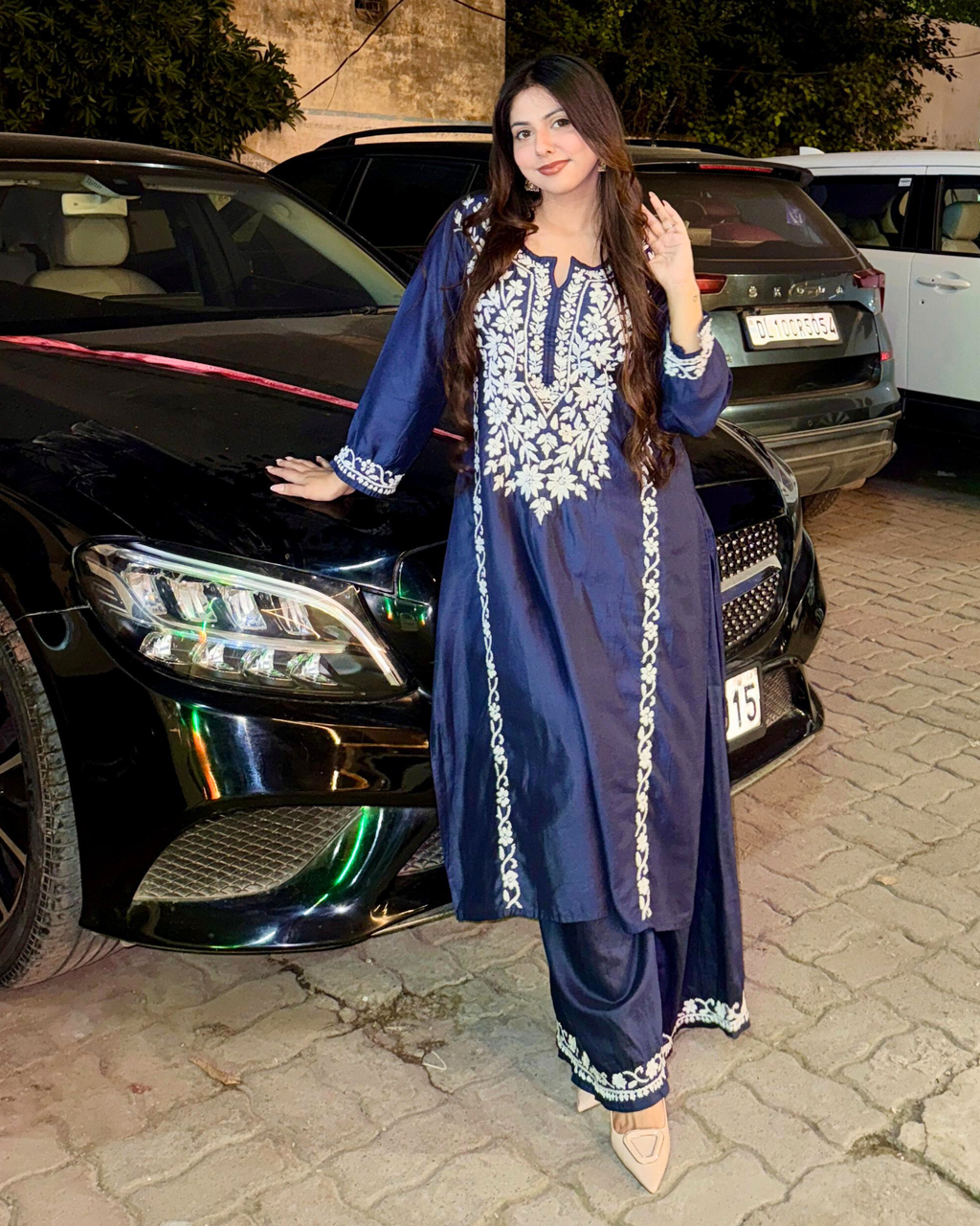 Styled outfit image of ALIA chikankari kurta set with matching dupatta and plazo.