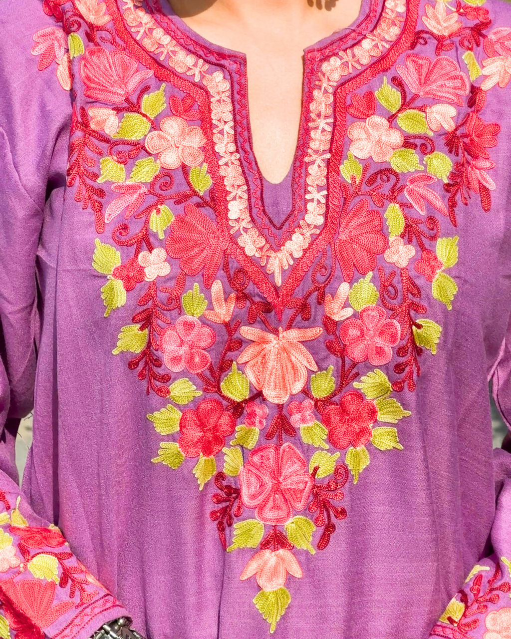 Detailed view of Aari embroidery on Anvi Cotton Co-Ord Set neckline and sleeves.