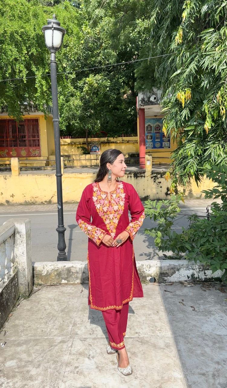 Jahanvi Cotton Kashmiri Co-Ord Set front view – hand-embroidered ethnic wear with Kashmiri Aari embroidery