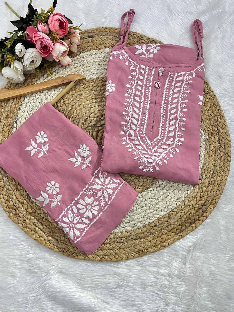 "LEENA" Modal Strap Sleeve Chikankari Set