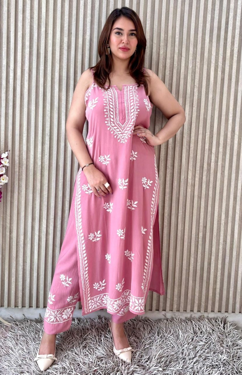 "LEENA" Modal Strap Sleeve Chikankari Set