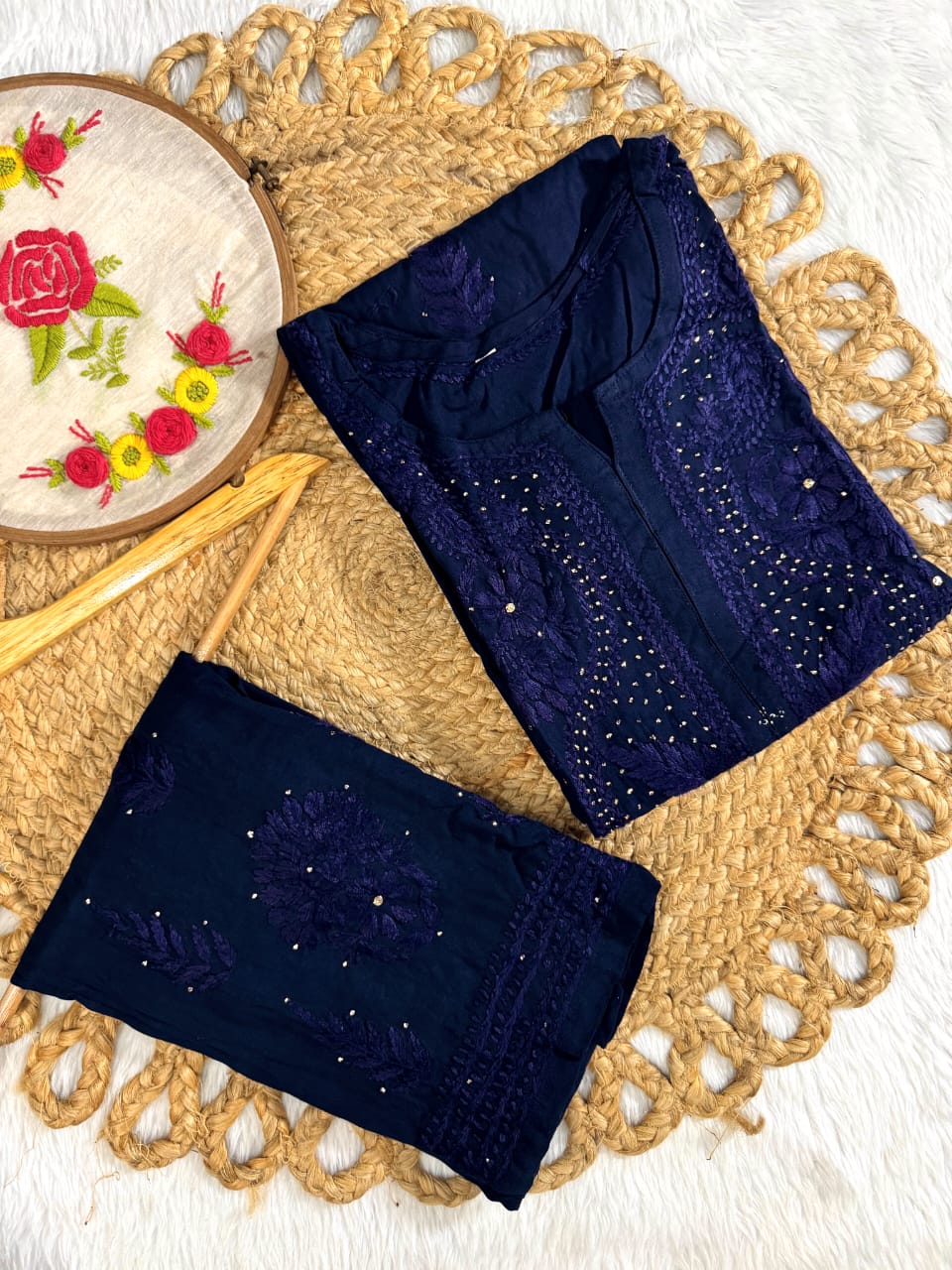Navy Nagma Rayon Chikankari Suit Set – hand-embroidered Lakhnavi kurta set for women with Mukaish work and dupatta