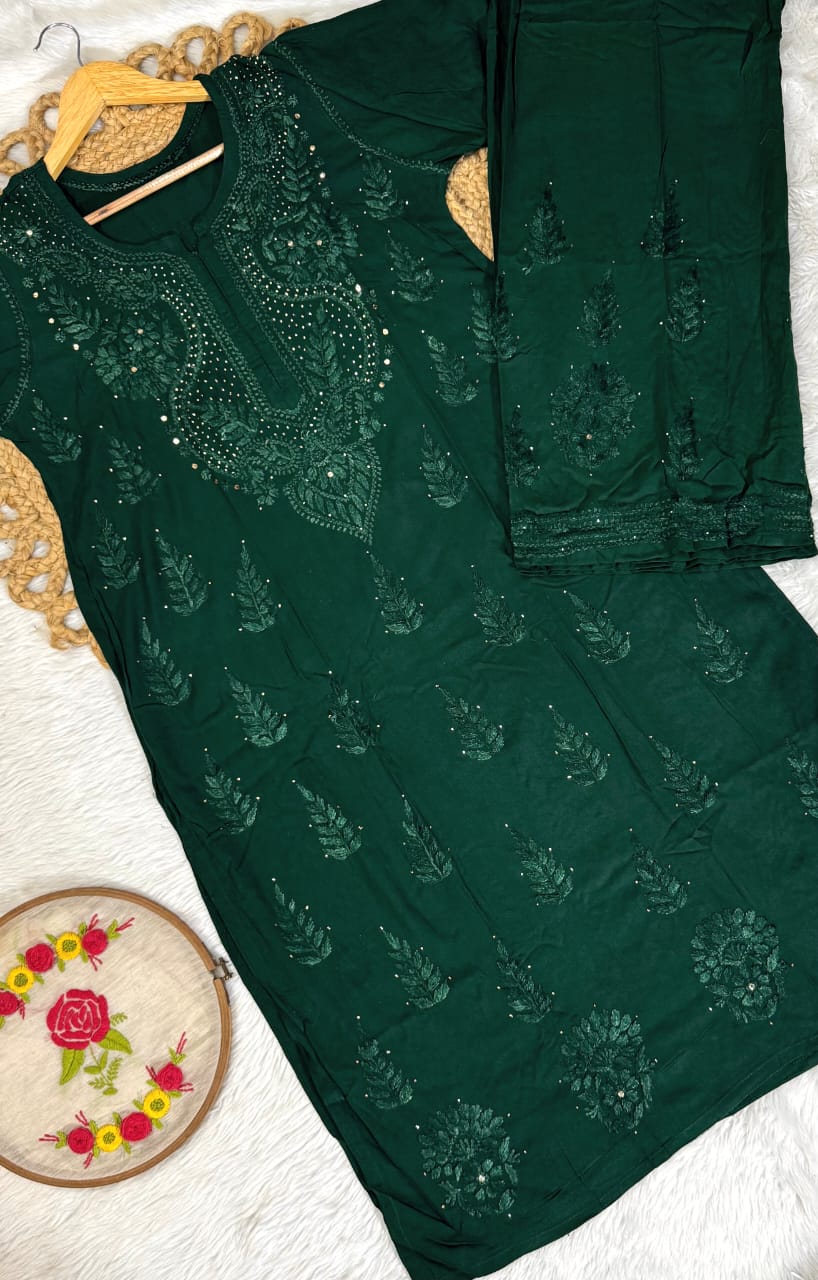 Dark Green Nagma Rayon Chikankari Suit Set – hand-embroidered Lakhnavi kurta set for women with Mukaish work and dupatta
