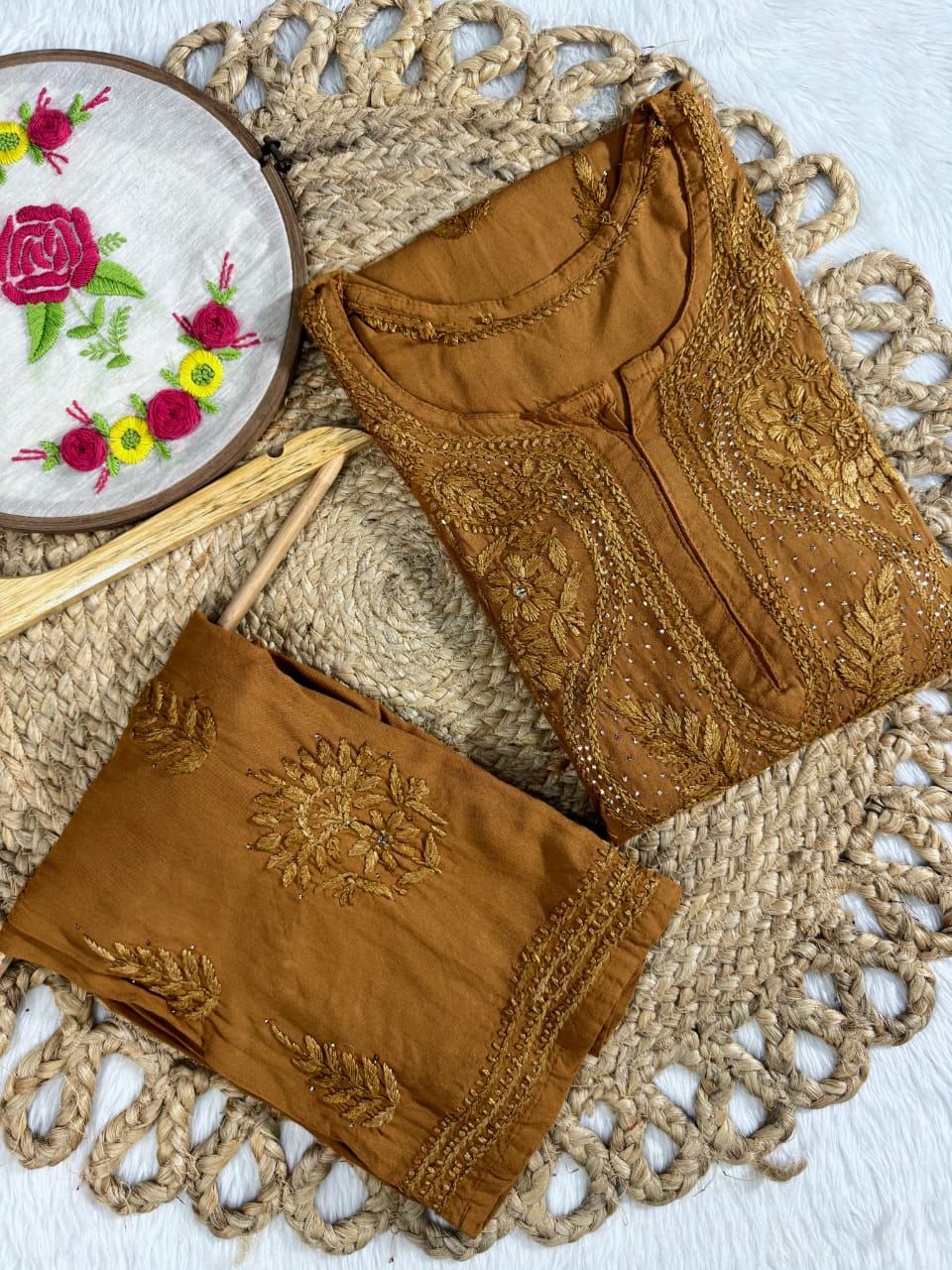 Mustard Nagma Rayon Chikankari Suit Set – hand-embroidered Lakhnavi kurta set for women with Mukaish work and dupatta