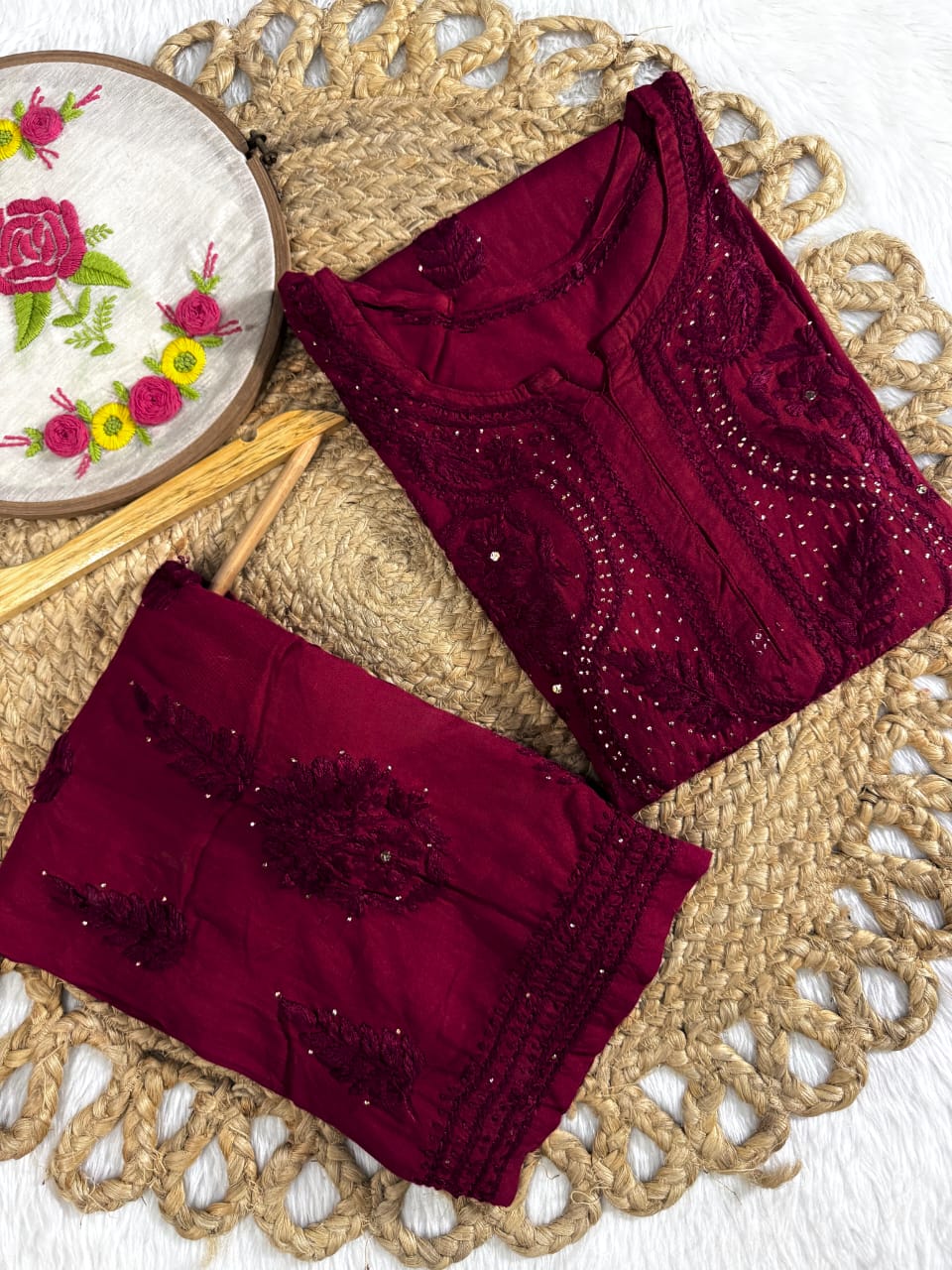 Maroon Nagma Rayon Chikankari Suit Set – hand-embroidered Lakhnavi kurta set for women with Mukaish work and dupatta