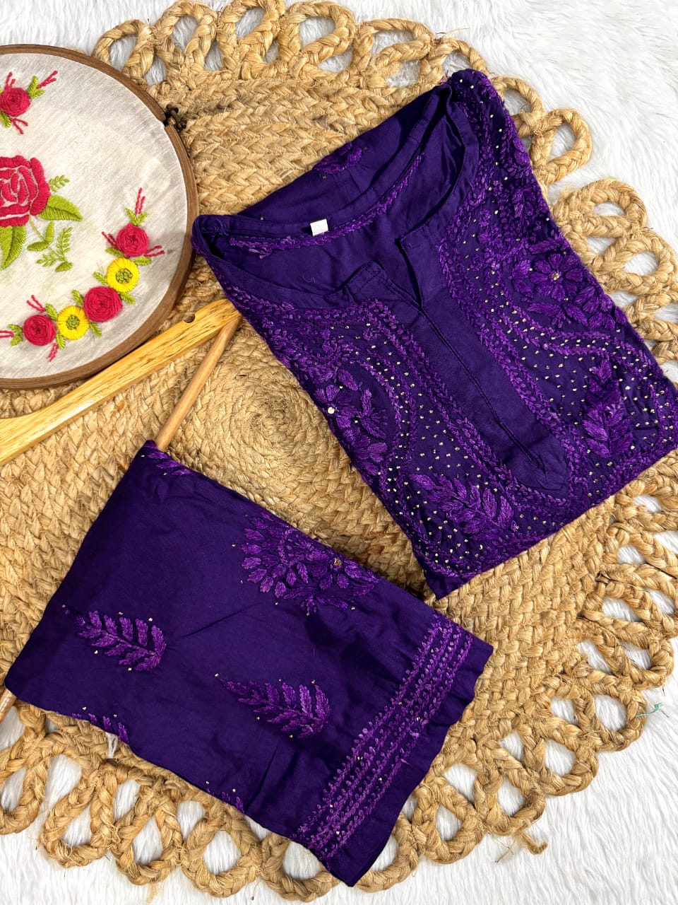 Purple Nagma Rayon Chikankari Suit Set – hand-embroidered Lakhnavi kurta set for women with Mukaish work and dupatta