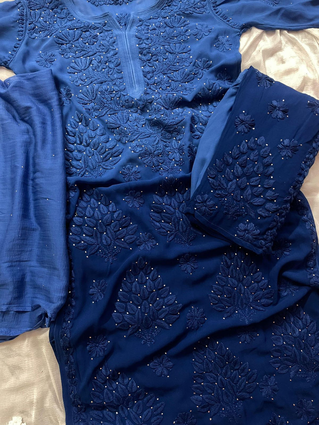 "RUKSAAR" Viscose Georgette Chikankari Suit Set with Mukaish Work