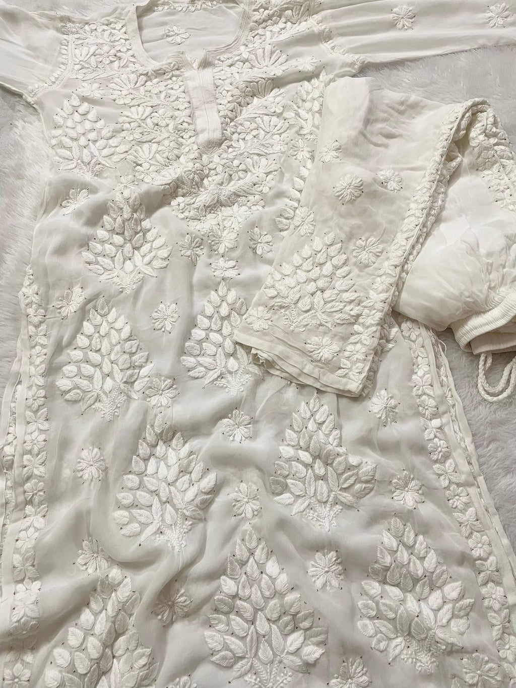 "RUKSAAR" Viscose Georgette Chikankari Suit Set with Mukaish Work