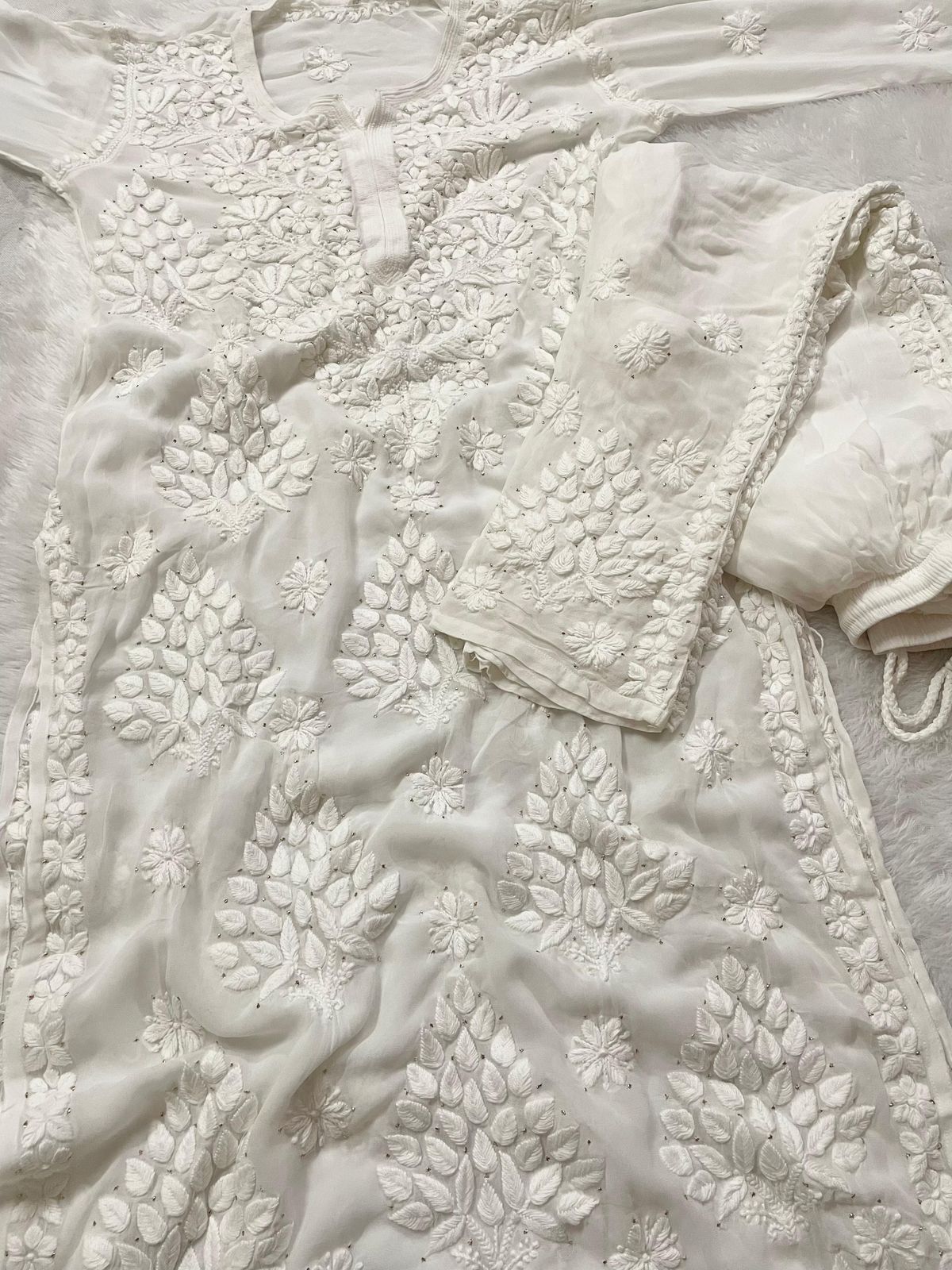 "RUKSAAR" Viscose Georgette Chikankari Suit Set with Mukaish Work